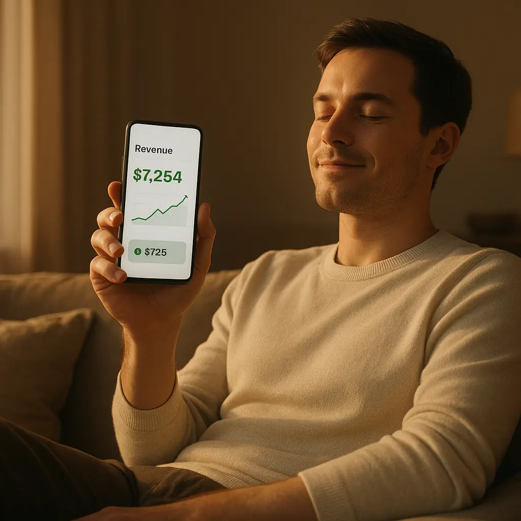 Person relaxing at home watching revenue grow on their phone